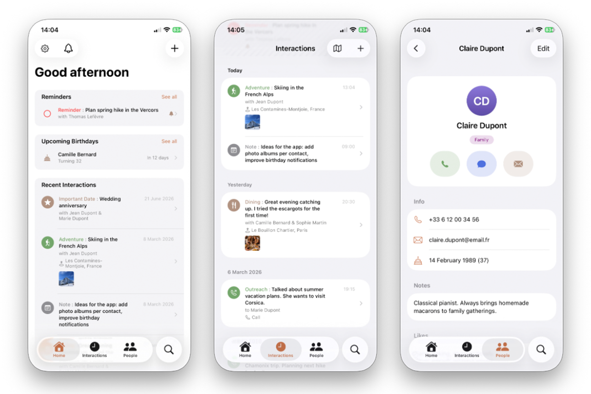 Beloved preview (homepage, interactions, contact' detail)