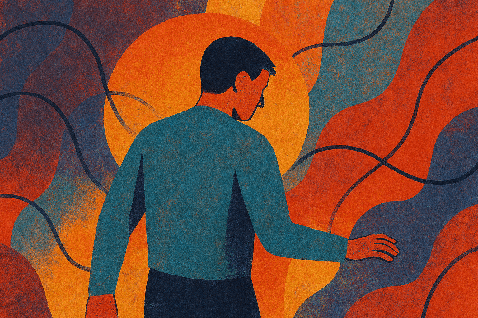 Abstract illustration symbolizing a Product Owner balancing vision and user expectations, with a figure against a vibrant orange, red, and blue background representing the complexity of product management. Generated by AI
